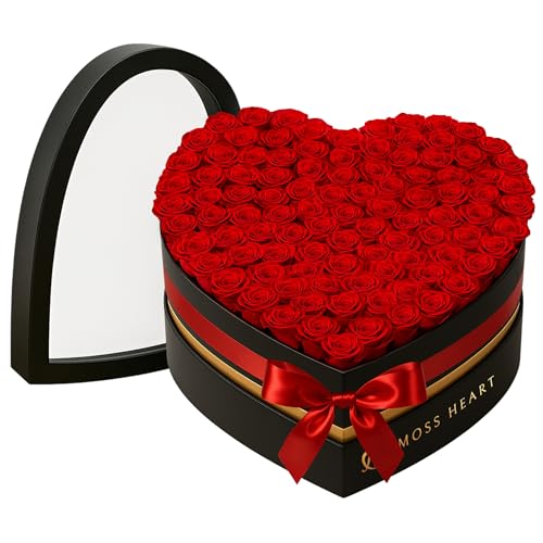 Moss Heart 100 وردة محفوظة، زهور أبدية للتوصيل في صندوق مصمم على شكل قلب، براعم صغيرة تدوم طويلاً للنساء، باقة ورد أبدية لعيد الأم، عيد ميلاد الصديقة - Image 1