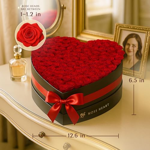 Moss Heart 100 وردة محفوظة، زهور أبدية للتوصيل في صندوق مصمم على شكل قلب، براعم صغيرة تدوم طويلاً للنساء، باقة ورد أبدية لعيد الأم، عيد ميلاد الصديقة - Image 2