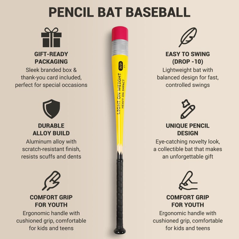ELLEVORA Pencil Bat - Novelty Backyard Baseball Games Gift - Youth Metal Baseball Bat - 2 5/8" Aluminum Barrel with Balanced Weight and Durable Finish (29" 19oz) - Image 4