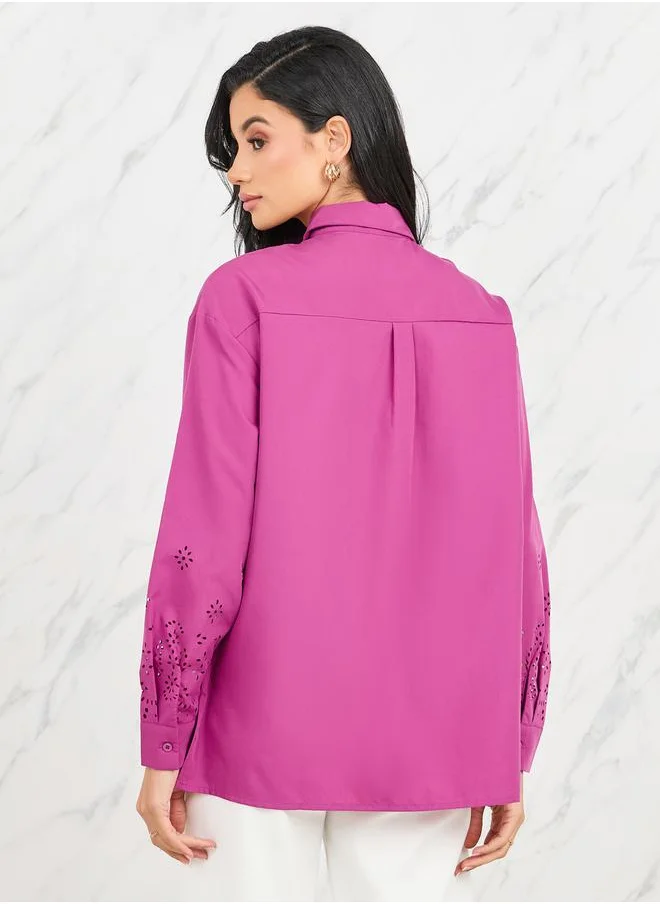 Styli Oversized Lazer Cut Hem Shirt with Long Sleeves