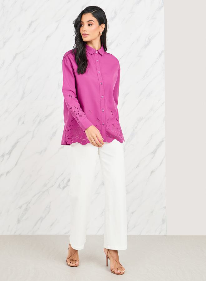 Styli Oversized Lazer Cut Hem Shirt with Long Sleeves  - Image 2