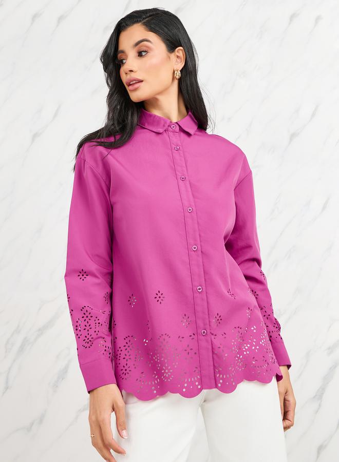 Styli Oversized Lazer Cut Hem Shirt with Long Sleeves  - Image 1