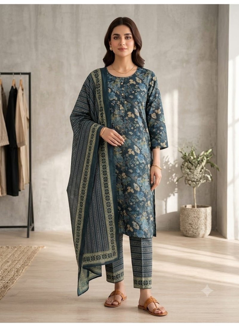 Women's Teal Blue Floral Printed Kurti Suit Set with Dupatta