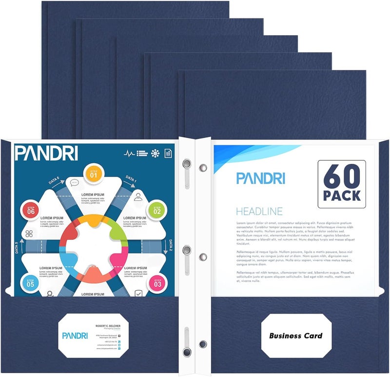 PANDRI مجلدات ذات جيبين، حزمة 60 مجلدات ذات جيبين مع أسنان، مصممة للمكتب والفصل الدراسي، أزرق داكن، مجلدات ذات جيبين و3 أسنان - Image 1
