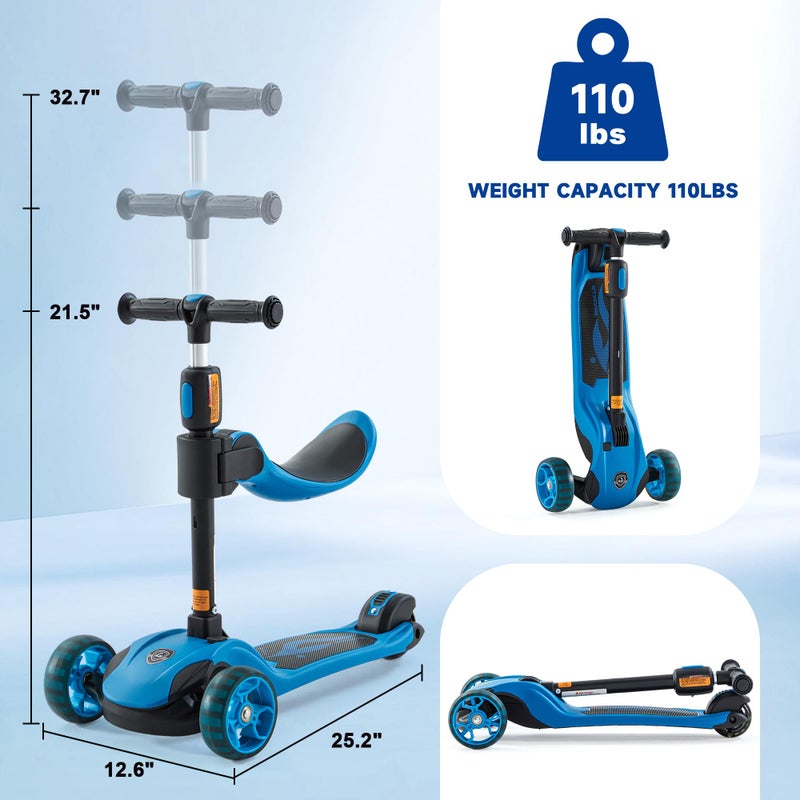 Glam Up GLAMUP Kids Scooter, 2-in-1 Folding Kick Scooters, Adjustable Height, Safety Lock, 3 Wheel Kick Scooter for Boys and Girls Ages 3-14ï¼ˆ1A-Blueï¼‰ - Image 3