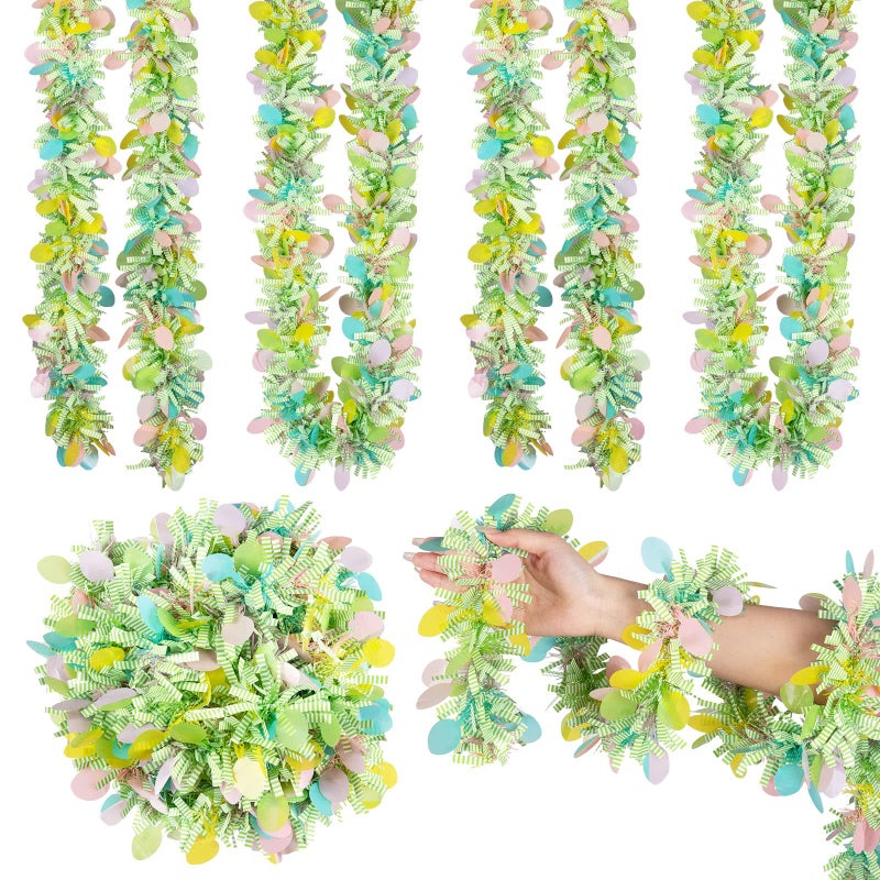 Whaline 4Pcs Easter Tinsel Garland Spring Green Stripe Metallic Twist with Colorful Egg Garland Confetti Hanging Ornaments for Easter Holiday Home Indoor Outdoor Party Decoration26 Ft