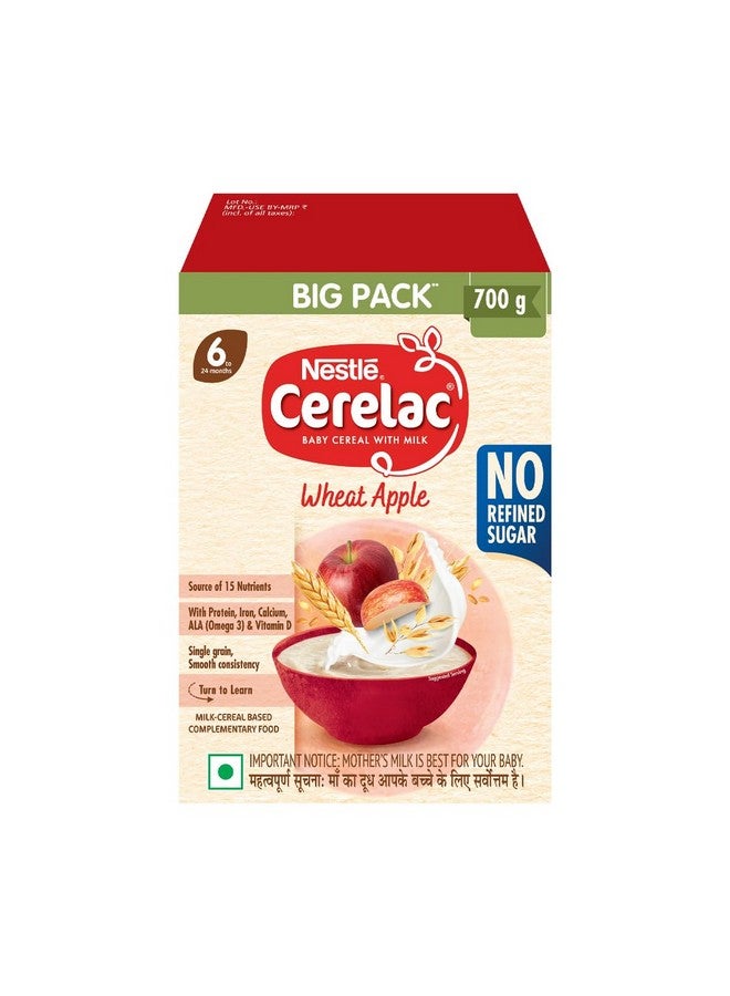 Cerelac CERELAC Baby Food Cereal | No Refined Sugar | Wheat Apple for 6-24 Months Baby | Omega 3 Iron Protein Calcium Vitamin D | Instant Baby Food | 700g | Big Pack - Image 1