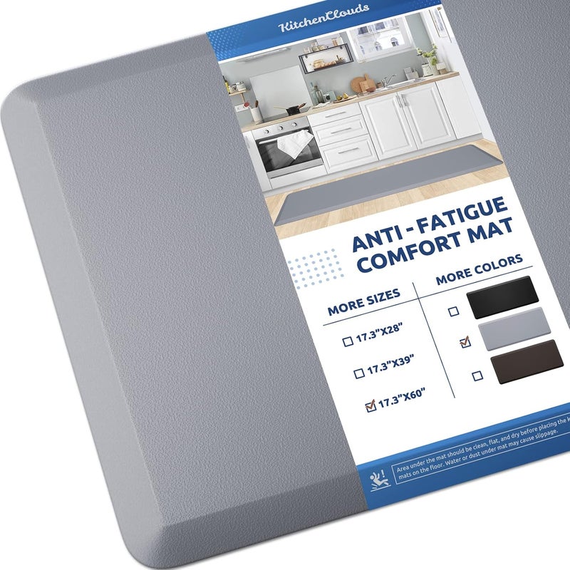 KitchenClouds Kitchen Mat Cushioned Anti Fatigue Kitchen Rug 17.3"x60" Water Resistant Non Slip Kitchen Rugs and Mats Standing Desk Mat Comfort Floor Mats for Kitchen House Sink Office (Grey) - Image 1