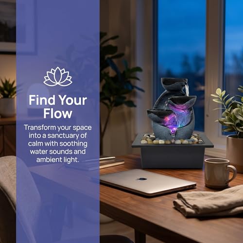 JOINDATAT Tabletop Water Fountain with LED Lights Indoor Resin Waterfall Fountain for Desk Office Home Decor Zen Meditation Relaxation Feature with ONOff Switch and Pebbles - Image 3