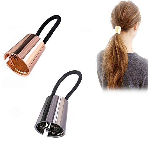 Suoirblss 2PCS Circle Cuff Metal Hair Ties Hair Band Hair Rope Accessories Metal Elastic Hair Clips Ponytail Hair Cuff Headwear Hair Holder for Lady Women (Rose gold + Black) - Image 1