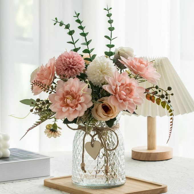FAKE FLOWERS WITH VASEFAUX FLOWERS IN VASE FOR HOME DECORSILK PINK DAHLIA ARTIFICIAL FLOWERS WITH VASE FOR COFFEE TABLE DECORLIVING ROOM BATHROOM PLANT DECOR CENTERPIECE TABLE DECORATIONS