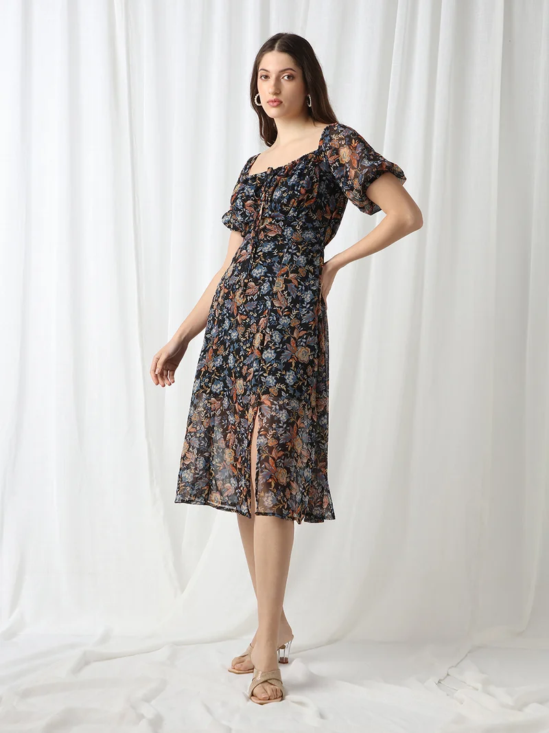 Globus Women Blue Square Neck Puff Sleeves Floral Print Tie-Up Detail Fit & Flare Midi Dress