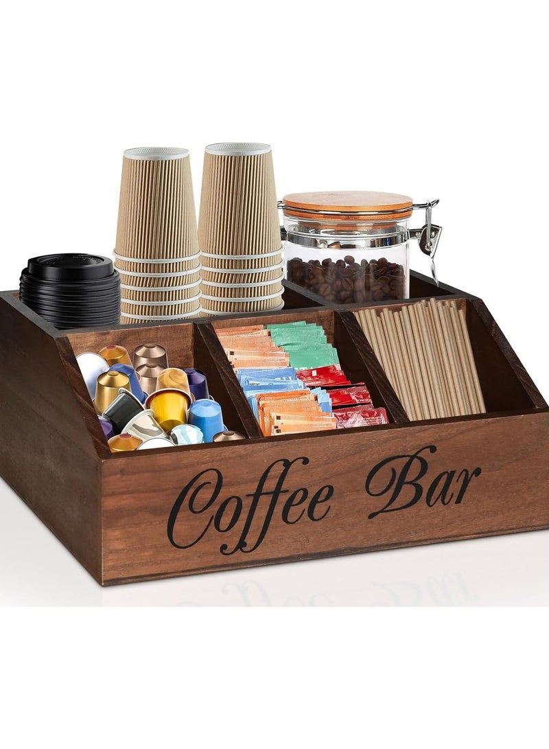 إليغلام منظم محطة القهوة للطاولة، سلة تخزين خشبية لحمل كبسولات القهوة، منظم تخزين بهارات الشاي، ديكور ريفي لمقهى القهوة للإكسسوارات - Image 2