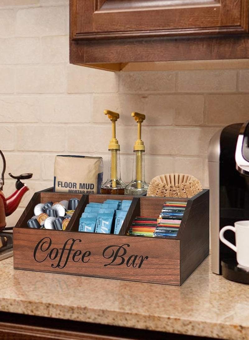 إليغلام منظم محطة القهوة للطاولة، سلة تخزين خشبية لحمل كبسولات القهوة، منظم تخزين بهارات الشاي، ديكور ريفي لمقهى القهوة للإكسسوارات - Image 3