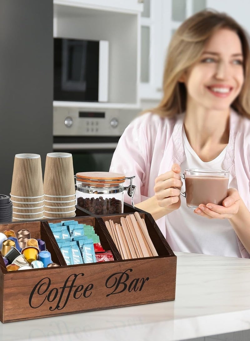 إليغلام منظم محطة القهوة للطاولة، سلة تخزين خشبية لحمل كبسولات القهوة، منظم تخزين بهارات الشاي، ديكور ريفي لمقهى القهوة للإكسسوارات - Image 4