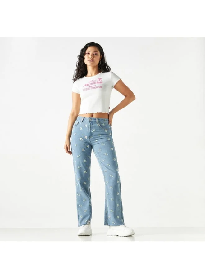 SP Characters Pink Panther Embossed Crew Neck T-shirt with Short Sleeves