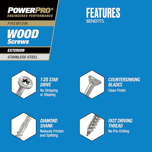 Power Pro Premium Exterior Wood Screws, #10 x 3-1/2" Inch All-Purpose Deck Screws for Outdoor Projects, T-25 Star Bit Included, Silver, 55 Pieces | 48624V4 - Image 3