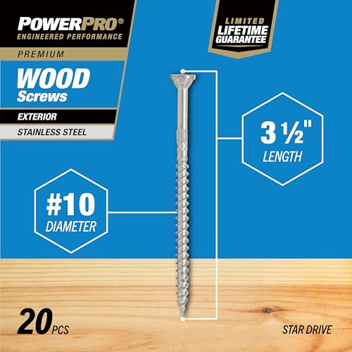 Power Pro Premium Exterior Wood Screws, #10 x 3-1/2" Inch All-Purpose Deck Screws for Outdoor Projects, T-25 Star Bit Included, Silver, 55 Pieces | 48624V4 - Image 2