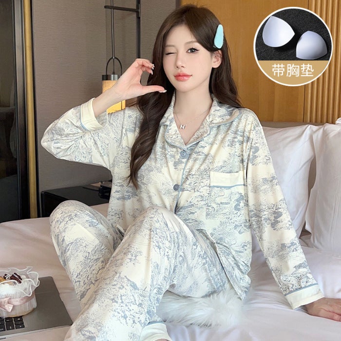 2024 Autumn New jacquard cotton pajamas womens long-sleeved cardigan sweet cute home wear suit can be worn outside S35-1# ink painting