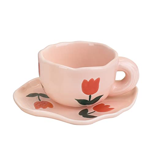Koythin Ceramic Coffee Mug with Saucer Set, Cute Creative Cup Unique Irregular Saucer Design for Office and Home, Dishwasher and Microwave Safe, 6 oz/180 ml for Latte Tea Milk (Pink Tulips) - Image 1