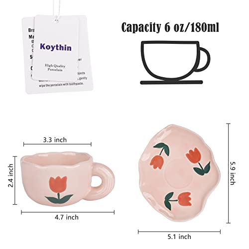 Koythin Ceramic Coffee Mug with Saucer Set, Cute Creative Cup Unique Irregular Saucer Design for Office and Home, Dishwasher and Microwave Safe, 6 oz/180 ml for Latte Tea Milk (Pink Tulips) - Image 2