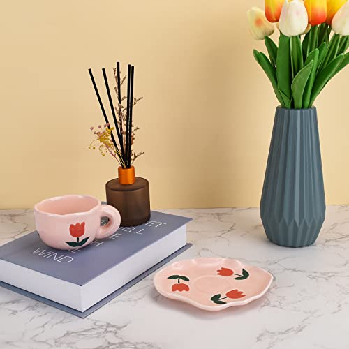 Koythin Ceramic Coffee Mug with Saucer Set, Cute Creative Cup Unique Irregular Saucer Design for Office and Home, Dishwasher and Microwave Safe, 6 oz/180 ml for Latte Tea Milk (Pink Tulips) - Image 4