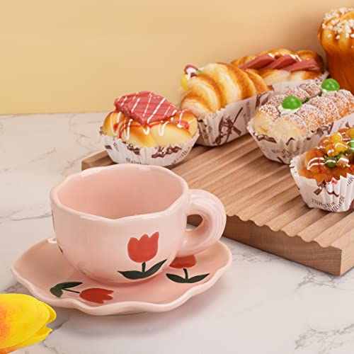 Koythin Ceramic Coffee Mug with Saucer Set, Cute Creative Cup Unique Irregular Saucer Design for Office and Home, Dishwasher and Microwave Safe, 6 oz/180 ml for Latte Tea Milk (Pink Tulips) - Image 3