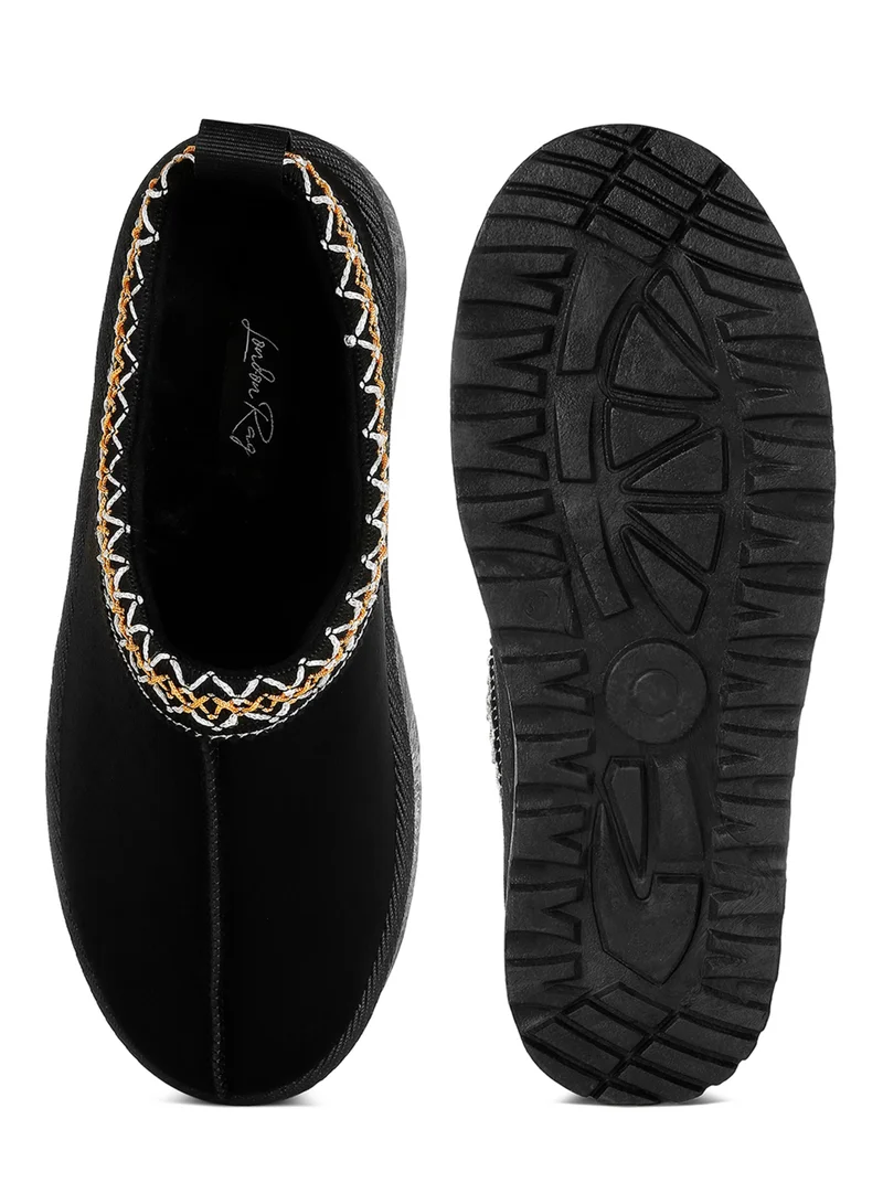 London Rag Black Embroidered Platform Fur Classic Slip-On