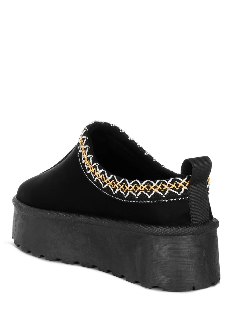 London Rag Black Embroidered Platform Fur Classic Slip-On