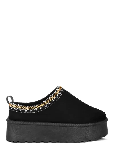 London Rag Black Embroidered Platform Fur Classic Slip-On