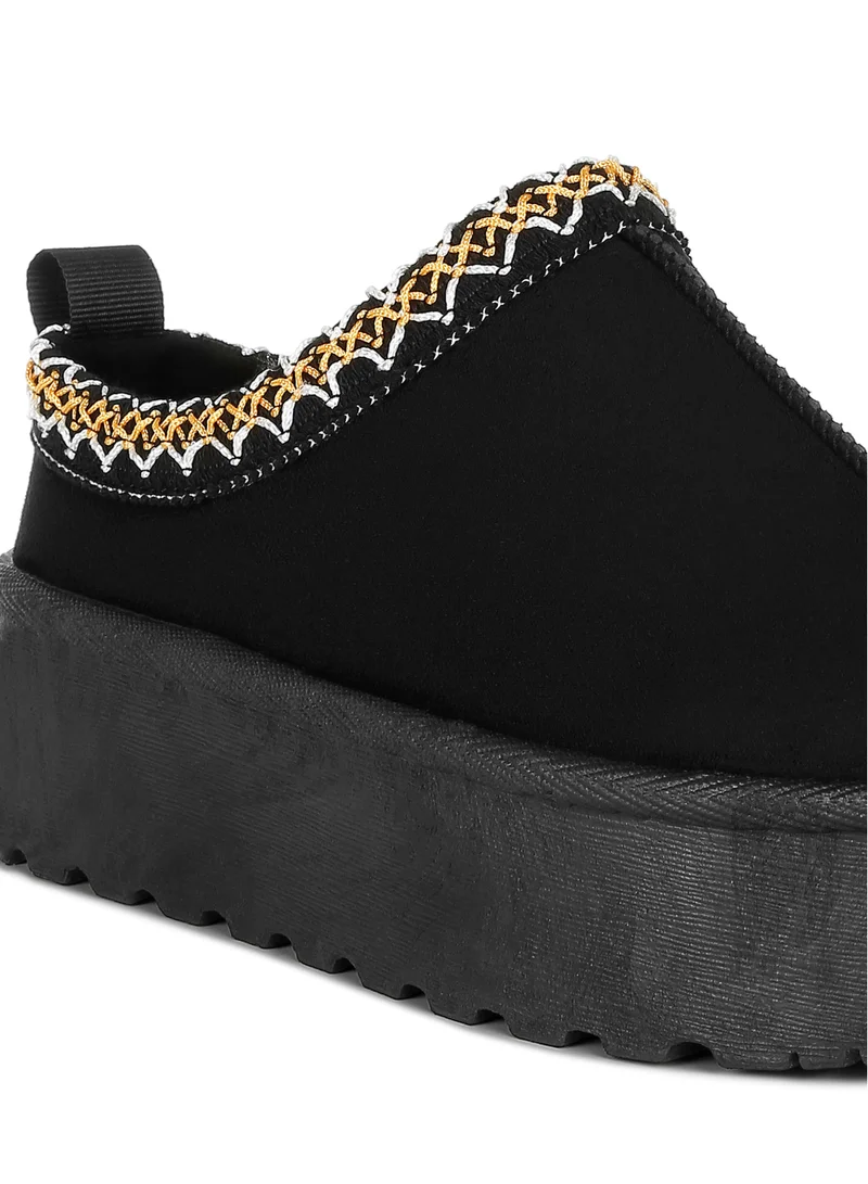 London Rag Black Embroidered Platform Fur Classic Slip-On