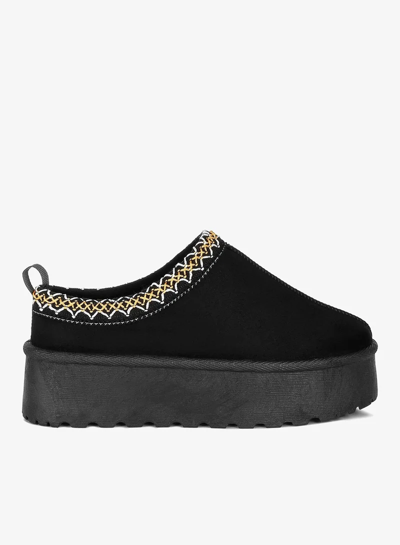 Black Embroidered Platform Fur Classic Slip-On