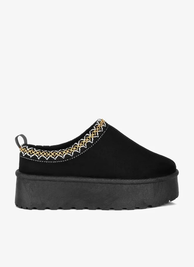 Black Embroidered Platform Fur Classic Slip-On