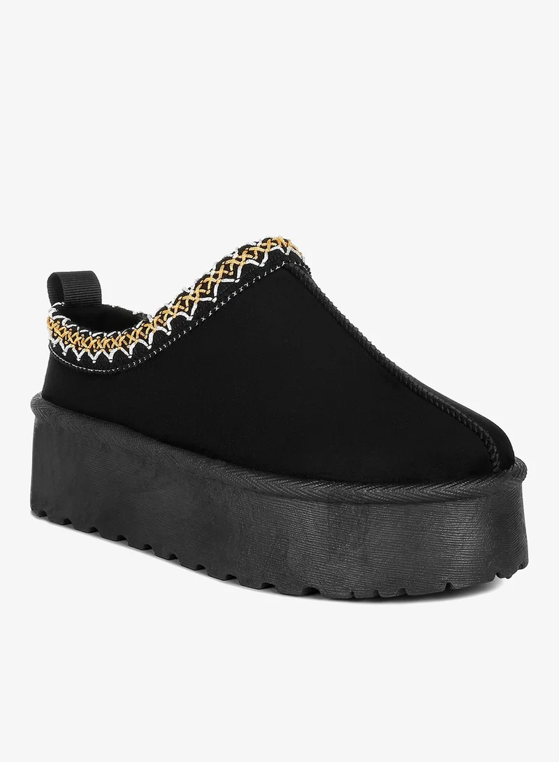 London Rag Black Black Embroidered Platform Fur Classic Slip-On for Women | Best Price UAE