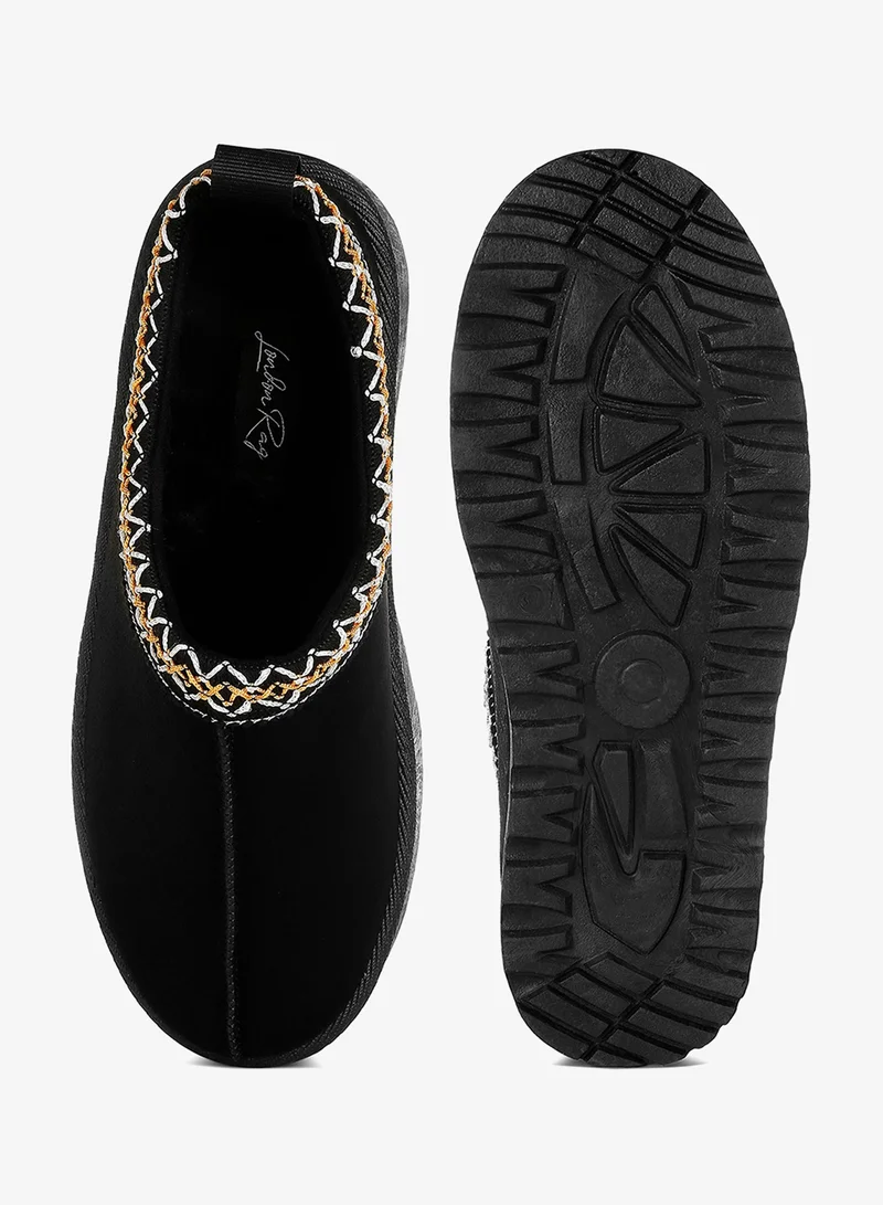 London Rag Black Black Embroidered Platform Fur Classic Slip-On for Women | Best Price UAE