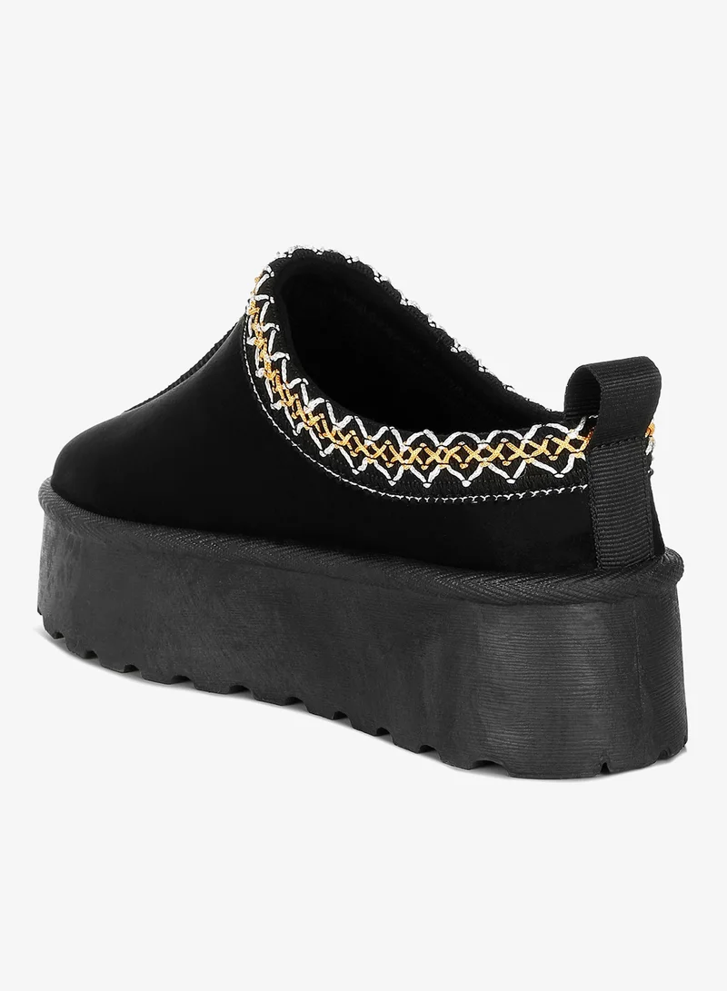 London Rag Black Black Embroidered Platform Fur Classic Slip-On for Women | Best Price UAE
