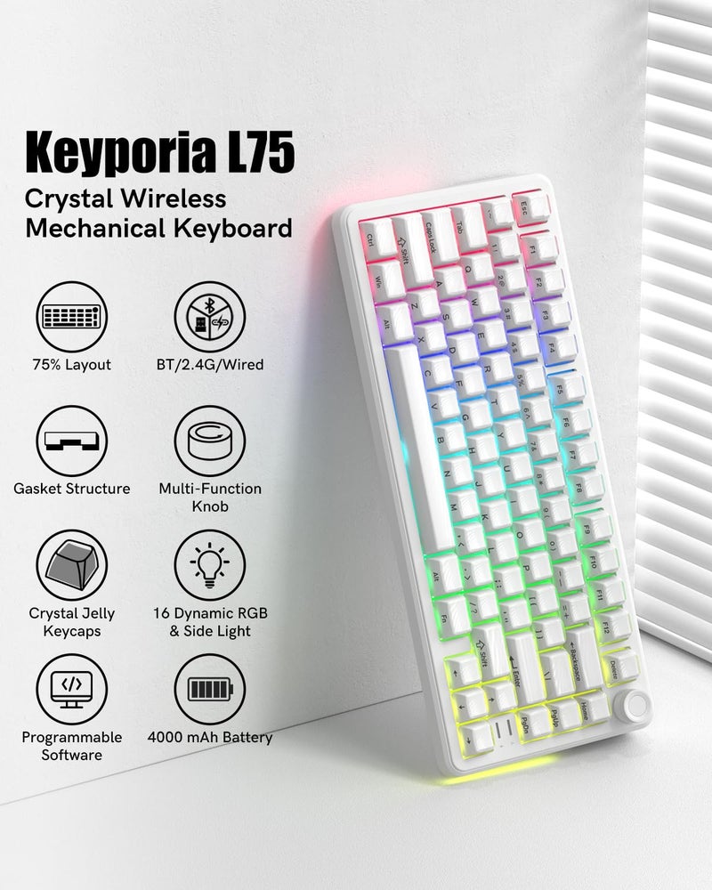 Keyporia L75 Wireless Mechanical Keyboard with Knob, 75% Hot Swappable Custom Gaming Keyboard Gasket Structure with RGB Backlit, Pre-lubed Switches, Crystal Jelly PBT Keycaps, 2.4GHz/USB-C/BT5.0 Mode - Image 2
