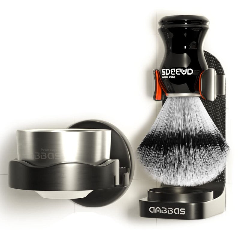 Anbbas Synthetic Badger Shaving Brush and Bowl with Black ABS Wall Mounting Type Soap Bowl and Brush Holders 4in1 Shaving Set for Men Close Shave Kit