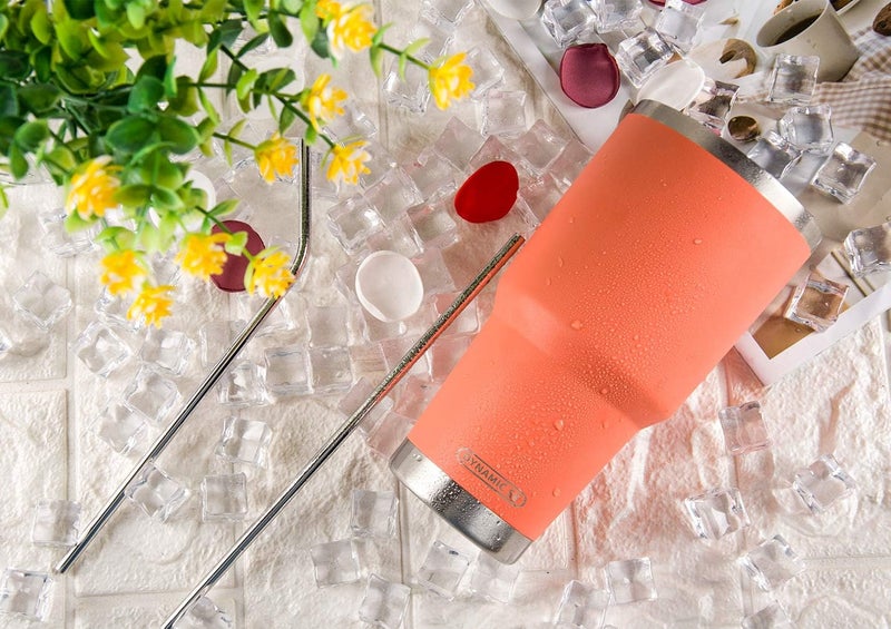 DS 30oz Orange Tumbler Stainless Steel Insulated Travel Mug with Straw Lid Cleaning Brush (30oz Orange) - Image 2