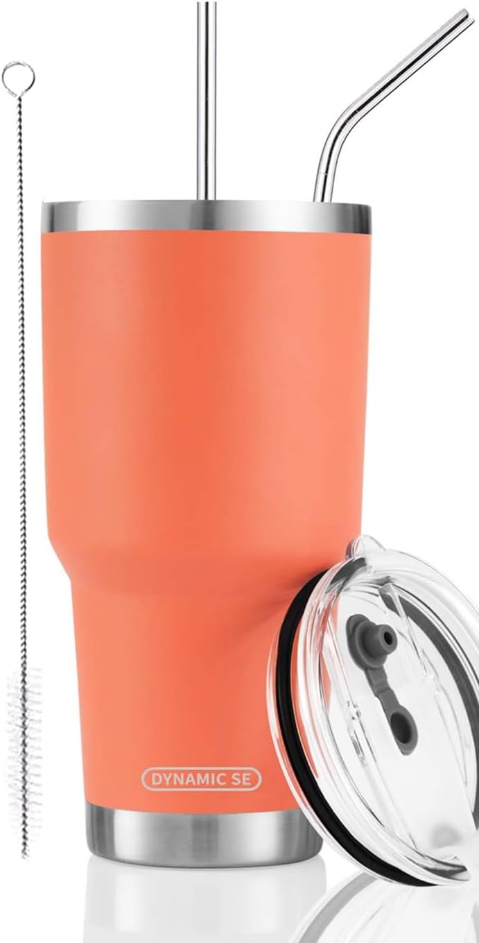 DS 30oz Orange Tumbler Stainless Steel Insulated Travel Mug with Straw Lid Cleaning Brush (30oz Orange) - Image 1