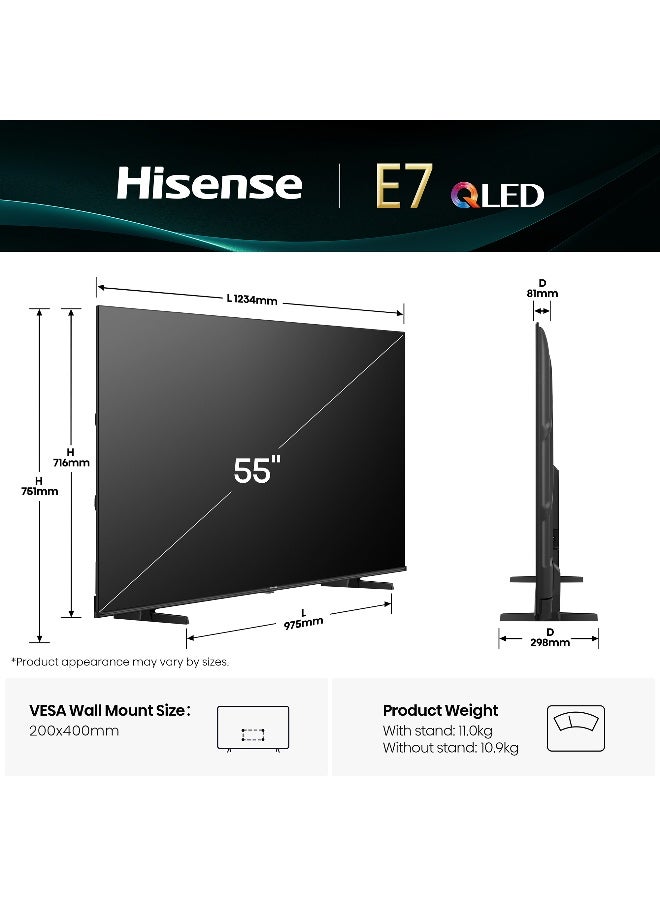 هايسنس تلفاز هاي سينس 55 بوصة QLED الذكي E7Q - لون النقطة الكمومية، صورة AI، دولبي فيجن، دولبي أتموس، مشاركة إلى التلفاز، التحكم الصوتي، وضع صانع الأفلام، يوتيوب، نتفليكس، ديزني+ 55E7Q (نسخة الإمارات 2025) - Image 2
