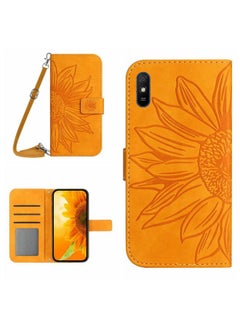 HuHa Case Cover For Xiaomi Redmi 9A / 9i Skin Feel Sun Flower Pattern Flip Leather Phone Case with Lanyard Yellow 