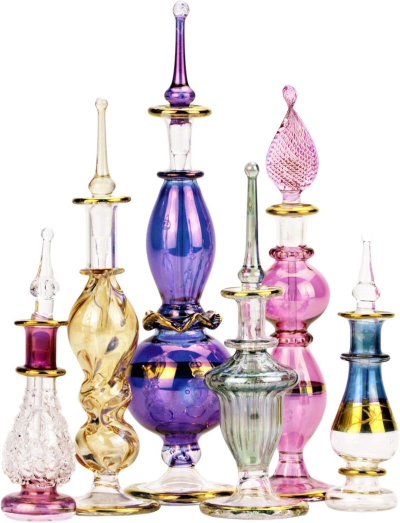 NileCart Set of 12 Egyptian Perfume Bottles Wholesale Mix Collection hand Blown Decorative Bottles 2-5 in with handmade golden Egyptian decoration for Perfumes & Essential Oils. - Image 3
