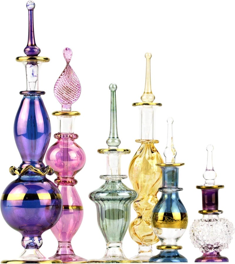 NileCart Set of 12 Egyptian Perfume Bottles Wholesale Mix Collection hand Blown Decorative Bottles 2-5 in with handmade golden Egyptian decoration for Perfumes & Essential Oils. - Image 4