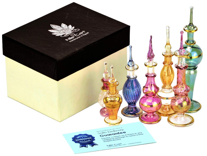 NileCart Set of 12 Egyptian Perfume Bottles Wholesale Mix Collection hand Blown Decorative Bottles 2-5 in with handmade golden Egyptian decoration for Perfumes & Essential Oils. - Image 5