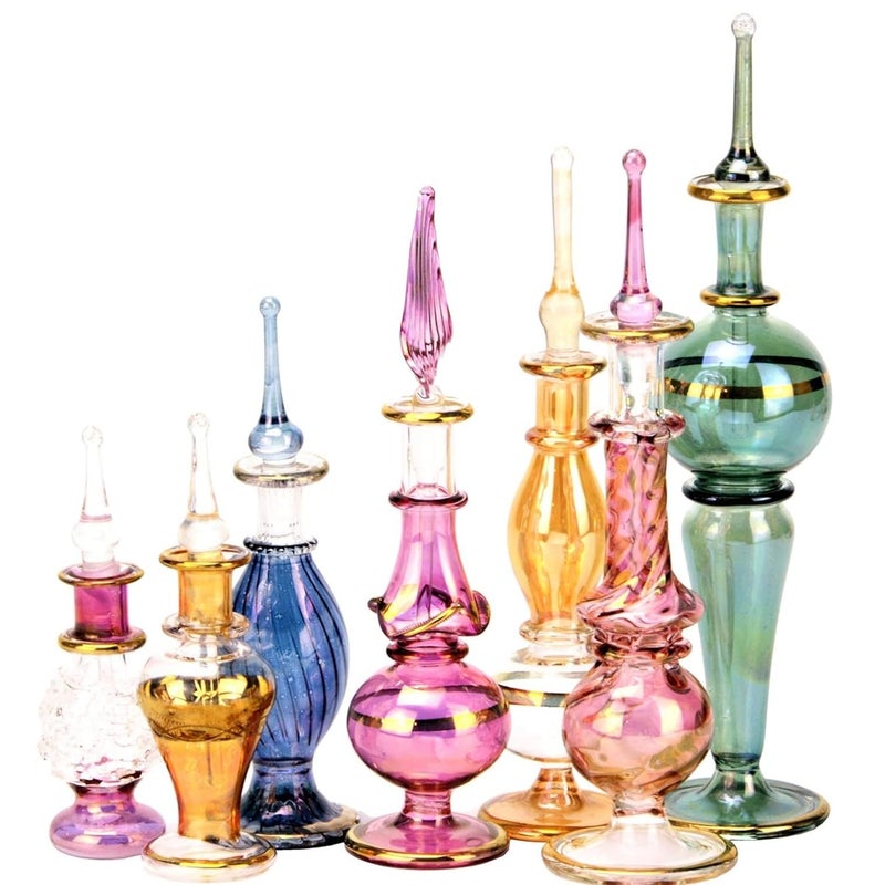 NileCart Set of 12 Egyptian Perfume Bottles Wholesale Mix Collection hand Blown Decorative Bottles 2-5 in with handmade golden Egyptian decoration for Perfumes & Essential Oils. - Image 1