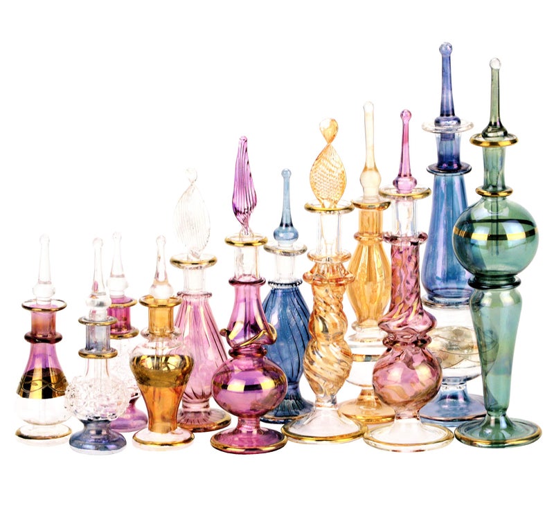 NileCart Set of 12 Egyptian Perfume Bottles Wholesale Mix Collection hand Blown Decorative Bottles 2-5 in with handmade golden Egyptian decoration for Perfumes & Essential Oils. - Image 2