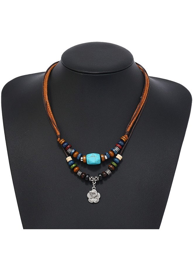Beyond Multilayer Braided Wooden Bead Necklace, Retro Turquoise Wax Rope Metallic Flowers Necklace (Colorful)  - Image 3