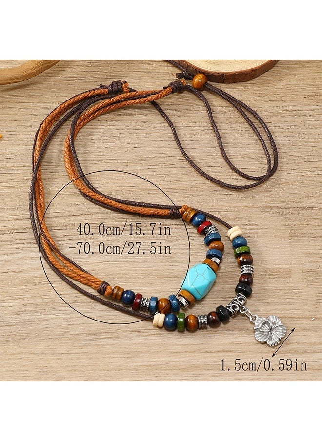 Beyond Multilayer Braided Wooden Bead Necklace, Retro Turquoise Wax Rope Metallic Flowers Necklace (Colorful)  - Image 2