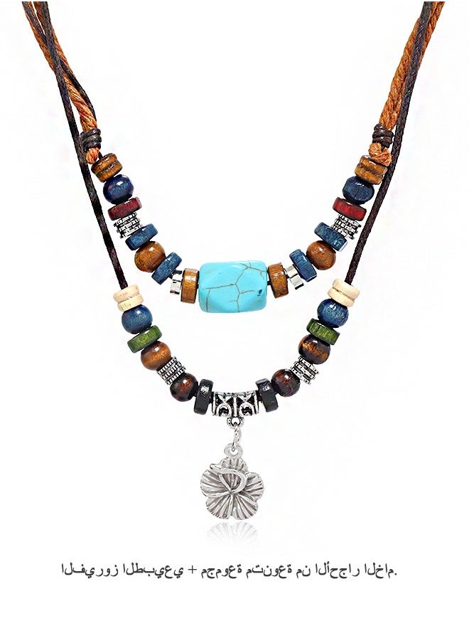 Beyond Multilayer Braided Wooden Bead Necklace, Retro Turquoise Wax Rope Metallic Flowers Necklace (Colorful)  - Image 1